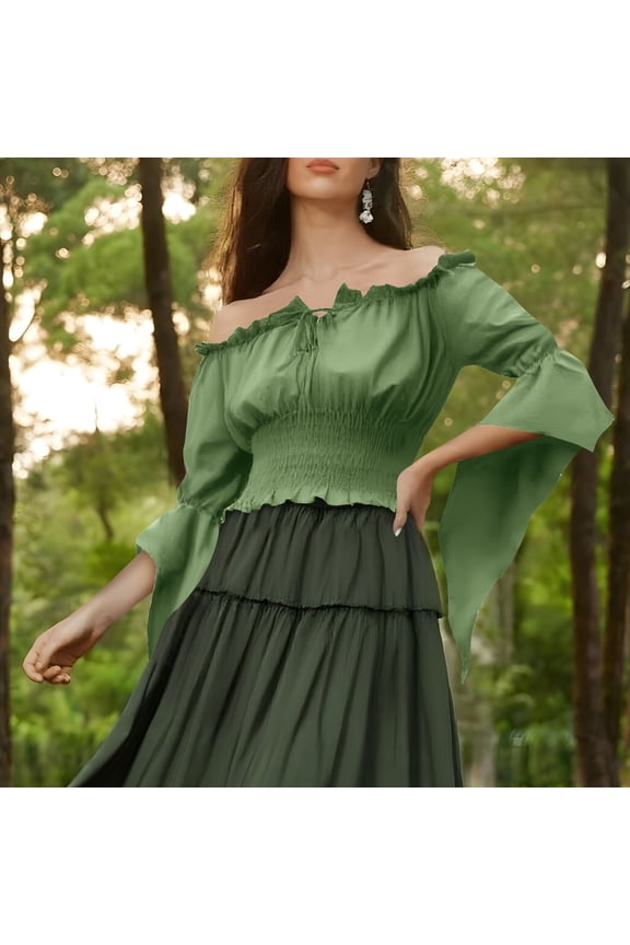 Women's Renaissance Country Style Off-Shoulder One-Shoulder Bell Sleeve Ruffled Fitted Waist Casual Shirt Top for Daily Wear Outings