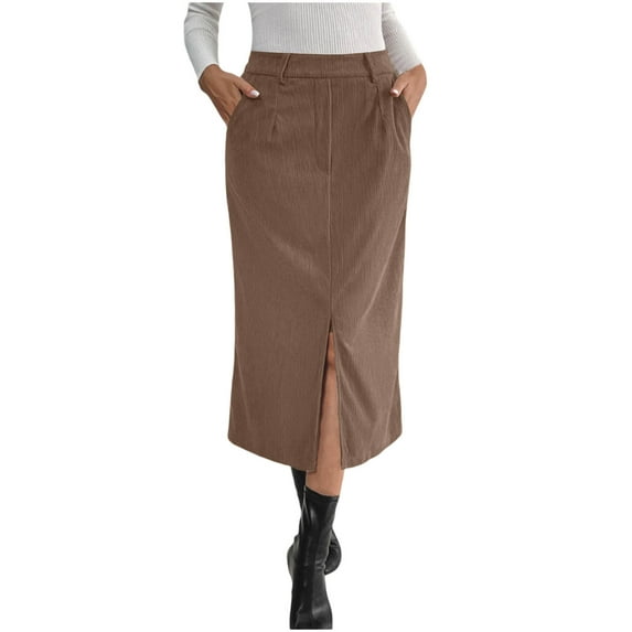 Giftesty Women's Retro Corduroy High Split Elegant Commute Midi Skirt for Autumn Winter Daily Wear