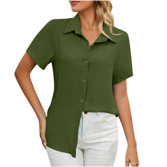Giftesty Women's Short Sleeve Buttons Round Neck Easter Solid Color Loose Tops Blouse Sleeve