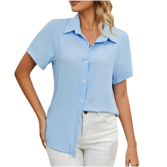 Giftesty Women's Short Sleeve Buttons Round Neck Easter Solid Color Loose Tops Blouse Sleeve