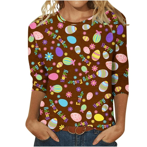 Giftesty Women's Short Sleeve Retro Round Neck Printed Loose Tops Blouse Three Quarter Sleeve