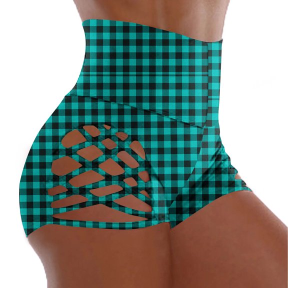Giftesty Women's Slim Fit Multi-Color Plaid High Waist Elastic Waist Side Cutout Casual Comfort Three Quarter Shorts