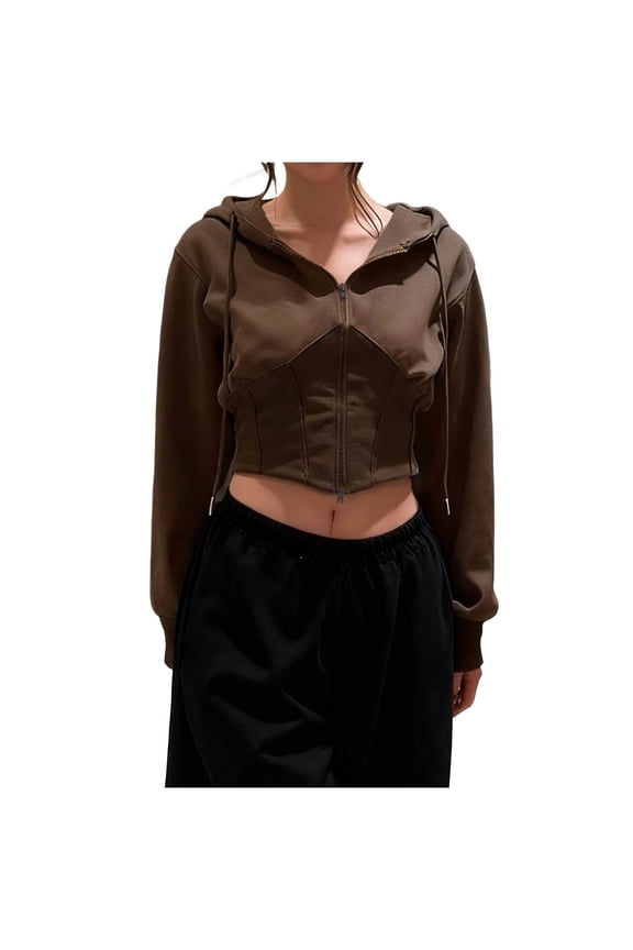 Women's Slim Fit Solid Hooded Long Sleeve Lightweight Zip-Up Casual Crop Jacket Top