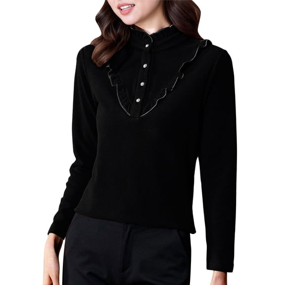 Giftesty Women's Slim Fit Solid Multi-Color Mock Neck Long Sleeve Double-Sided Fleece Warm Cozy Ruffled Trim Button Detail Base Layer Top
