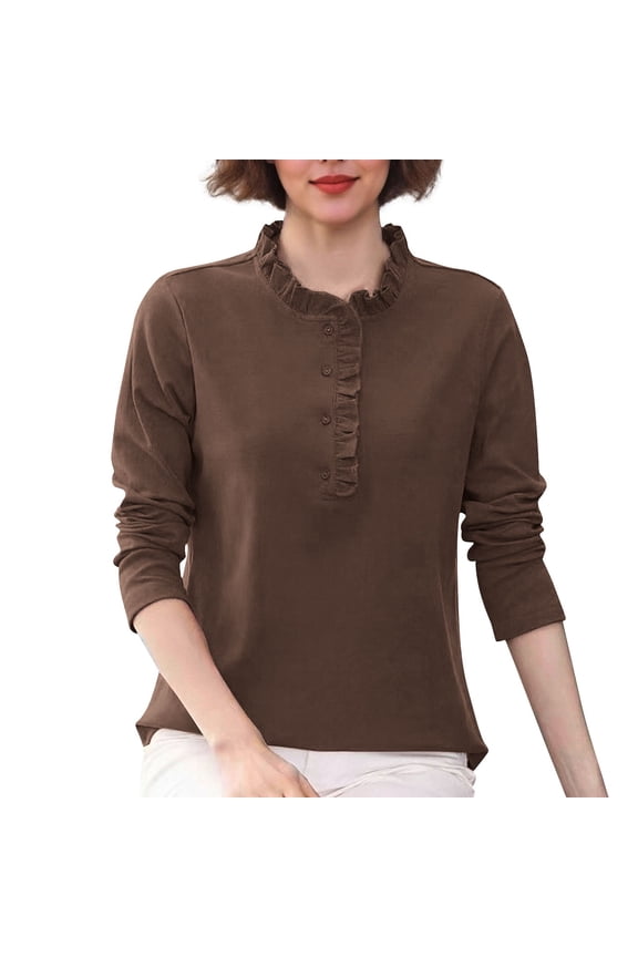 Women's Slim Fit Solid Multi-Color Ruffled Button Collar Long Sleeve Double-Sided Fleece Comfortable Versatile Base Layer Top