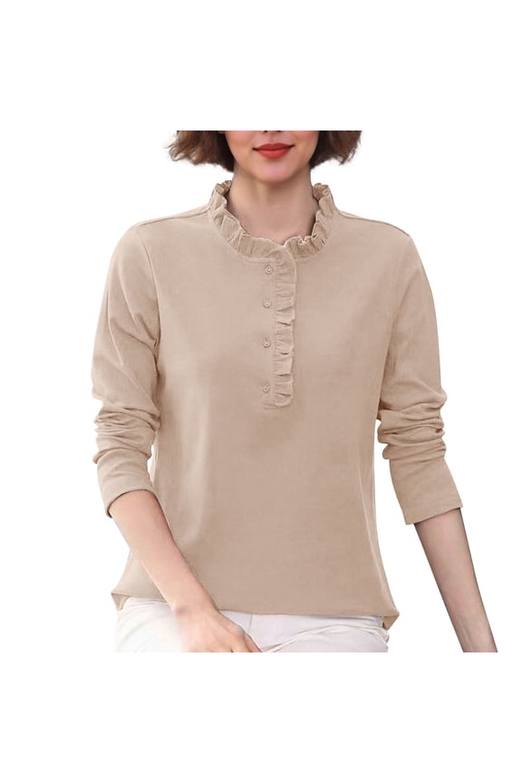 Women's Slim Fit Solid Multi-Color Ruffled Button Collar Long Sleeve Double-Sided Fleece Comfortable Versatile Base Layer Top