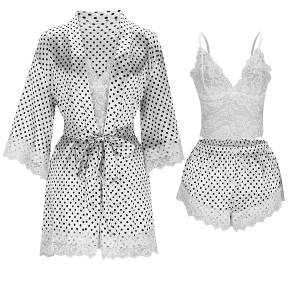 Giftesty Women's Soft Satin Polka Dot Tie Waist Long Sleeve 4-Piece Pajama Set Comfortable Loungewear Sleepwear for Home