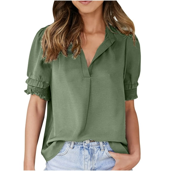Giftesty Women's Solid Color Casual V-Neck Short Sleeve Loose T-Shirt Tops