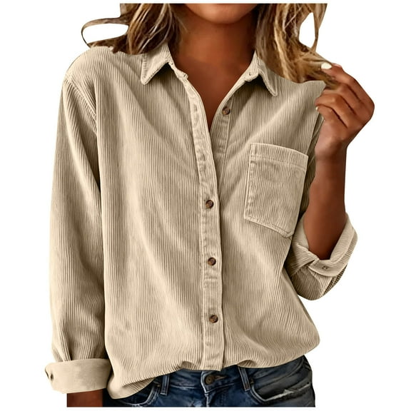 Giftesty Women's Solid Color Corduroy Long Sleeve Collar Button With Pockets Loose Casual Shacket for Daily Wear