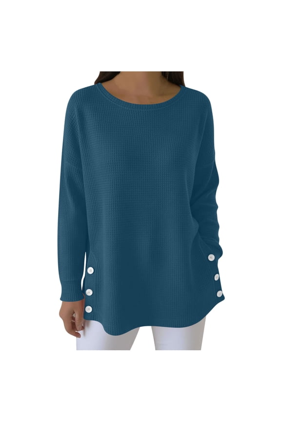 Women's Solid Color Crew Neck Long Sleeve Waffle Knit Button Side Split Loose Pullover Top for Daily Wear