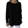 thumbnail image 1 of Giftesty Women's Solid Color Crew Neck Long Sleeve Waffle Knit Button Side Split Loose Pullover Top for Daily Wear, 1 of 7