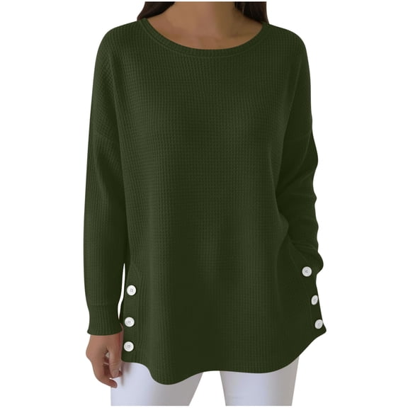 Giftesty Women's Solid Color Crew Neck Long Sleeve Waffle Knit Button Side Split Loose Pullover Top for Daily Wear
