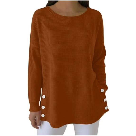 Giftesty Women's Solid Color Crew Neck Long Sleeve Waffle Knit Button Side Split Loose Pullover Top for Daily Wear