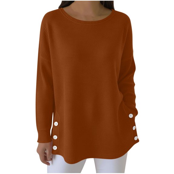 Giftesty Women's Solid Color Crew Neck Long Sleeve Waffle Knit Button Side Split Loose Pullover Top for Daily Wear