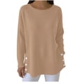 thumbnail image 1 of Giftesty Women's Solid Color Crew Neck Long Sleeve Waffle Knit Button Side Split Loose Pullover Top for Daily Wear, 1 of 7