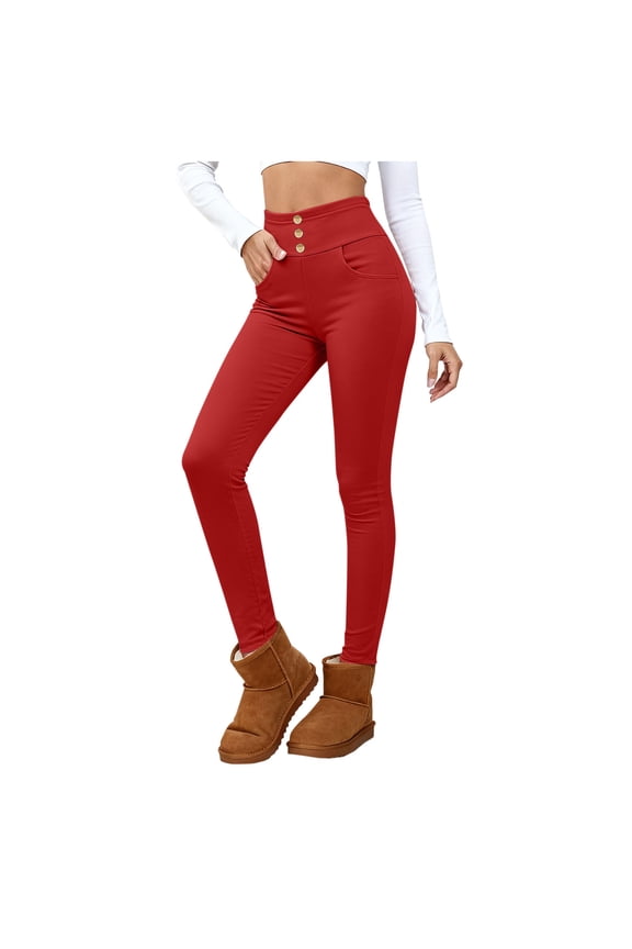 Women's Solid Color Fleece Lined Composite High Waist Button Pocket Leggings Full Length Layering Pants for Daily Wear