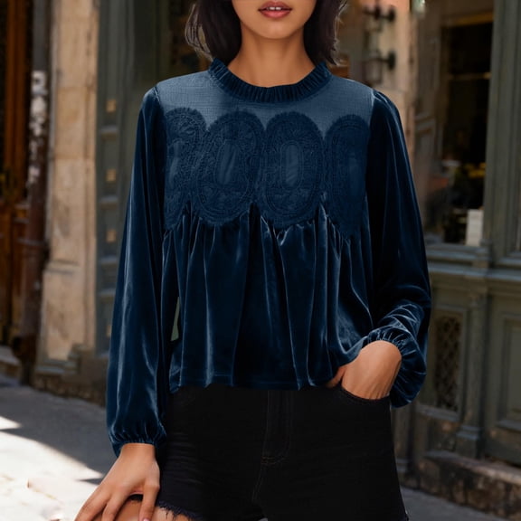 Giftesty Women's Solid Color Lace Patchwork Velour Crew Neck Long Sleeve Casual Top for Daily Wear