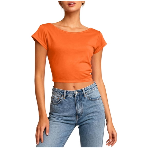 Giftesty Women's Solid Color Round Neck Short Sleeve Backless Crop Hollow Out Sexy Casual Short Length T-Shirt Top for Daily Outfits