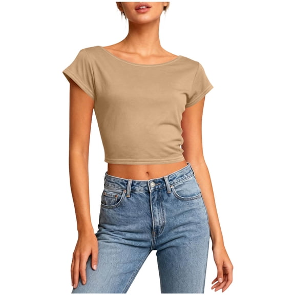 Giftesty Women's Solid Color Round Neck Short Sleeve Backless Crop Hollow Out Sexy Casual Short Length T-Shirt Top for Daily Outfits