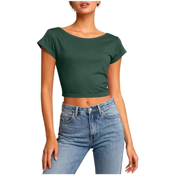 Giftesty Women's Solid Color Round Neck Short Sleeve Backless Crop Hollow Out Sexy Casual Short Length T-Shirt Top for Daily Outfits