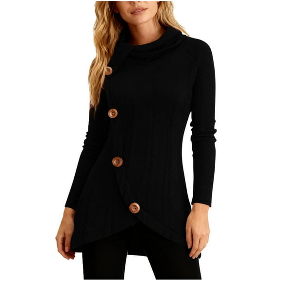 Giftesty Women's Solid Color Turtleneck Button Accent Long Sleeve Jacquard Asymmetric Hem Casual Blouse Top for Daily Wear