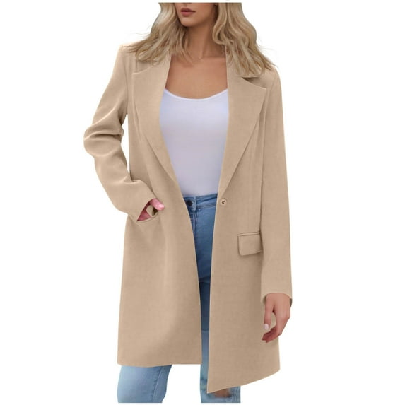 Giftesty Women's Spring Fall Casual Solid Color Long Length Notched Collar Long Sleeve Functional Pockets Button Closure Cardigan Blazer Jacket Top for Daily Casual Outfits