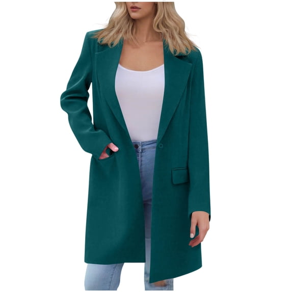 Giftesty Women's Spring Fall Casual Solid Color Long Length Notched Collar Long Sleeve Functional Pockets Button Closure Cardigan Blazer Jacket Top for Daily Casual Outfits