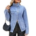 thumbnail image 1 of Giftesty Women's Stand Collar Denim Jacket, Long Sleeve Button Down Casual Loose Fit Coat with Pockets for Spring Fall, 1 of 9