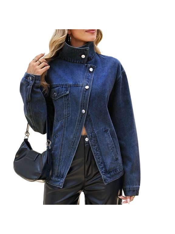Women's Stand Collar Denim Jacket, Long Sleeve Button Down Casual Loose Fit Coat with Pockets for Spring Fall
