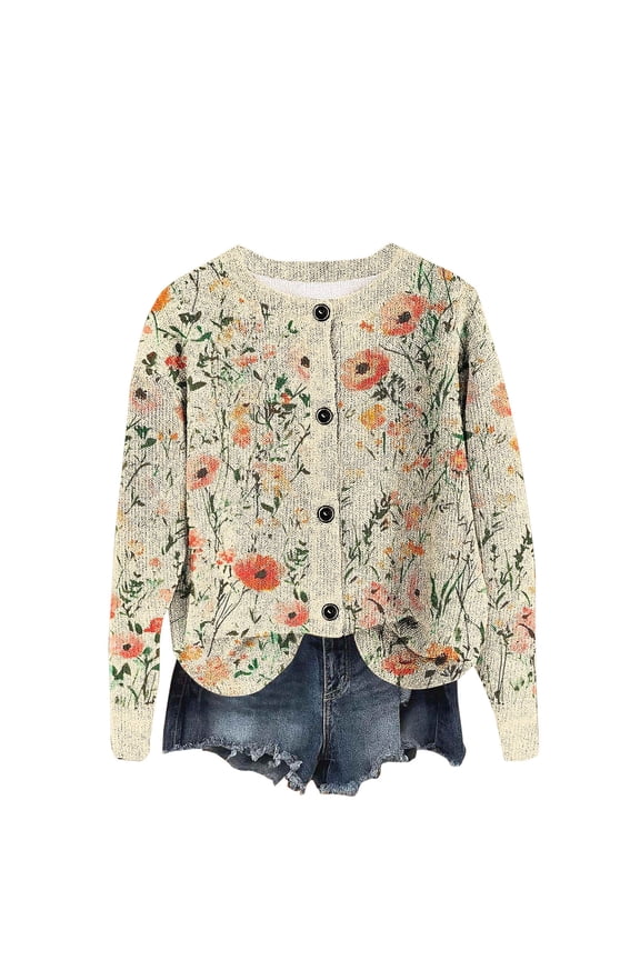Women's Striped Print Knitted Crew Neck Button Front Long Sleeve Hoodless Soft Comfortable Casual Fashion Cardigan Jacket for Daily Wear Outings