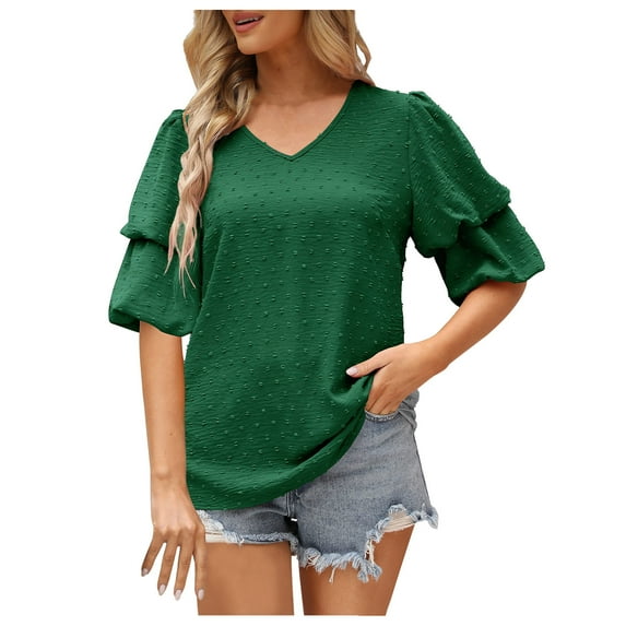 Giftesty Women's Summer Solid Color Double Puff Sleeve Blouses Summer Half Sleeve Dot Tops V Neck T-Shirts Blouse