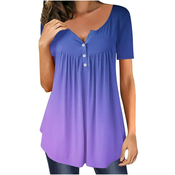Giftesty Women's Summer Tapered Round Neck Button Pleated Short Sleeve Top