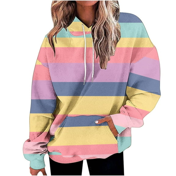 Giftesty Women's Three Styles Hooded Drop Shoulder Stripe Color Block Gradient Loose Fit Long Sleeve Soft Stylish Casual Sweatshirt Top for Daily Wear