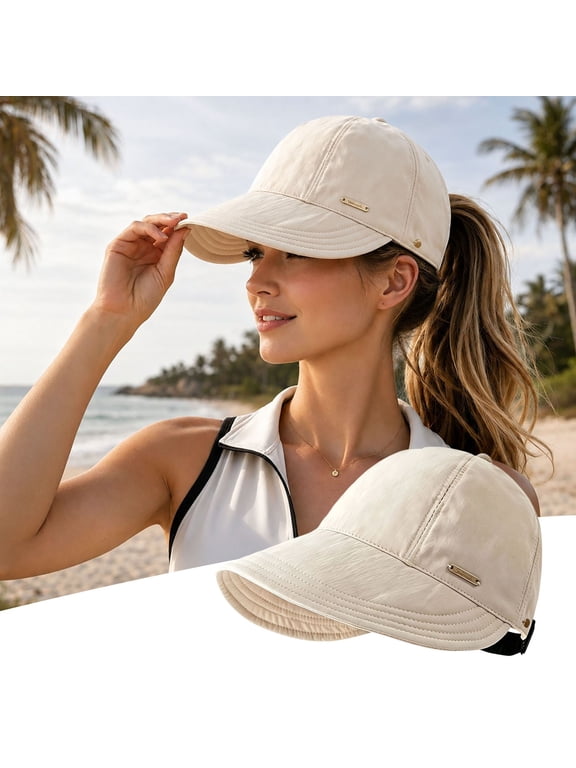 Women's UPF 50+ Wide Brim Ponytail Sun Hat, Foldable Adjustable Open Top Baseball Cap for Golf Hiking Beach Outdoor Activities