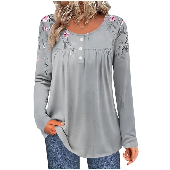 Giftesty Women's Unpositioned Print Ruched 1/4 Button Crew Neck Long Sleeve Loose Stylish Casual T-Shirt Top for Daily Wear Office Commute