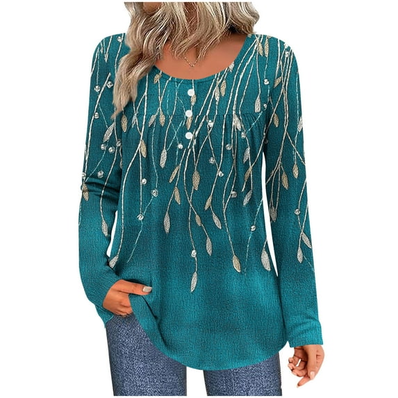 Giftesty Women's Unpositioned Print Ruched 1/4 Button Crew Neck Long Sleeve Loose Stylish Casual T-Shirt Top for Daily Wear Office Commute