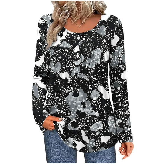 Giftesty Women's Unpositioned Print Ruched 1/4 Button Crew Neck Long Sleeve Loose Stylish Casual T-Shirt Top for Daily Wear Office Commute