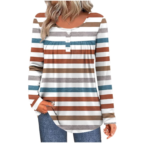 Giftesty Women's Unpositioned Print Ruched 1/4 Button Crew Neck Long Sleeve Loose Stylish Casual T-Shirt Top for Daily Wear Office Commute