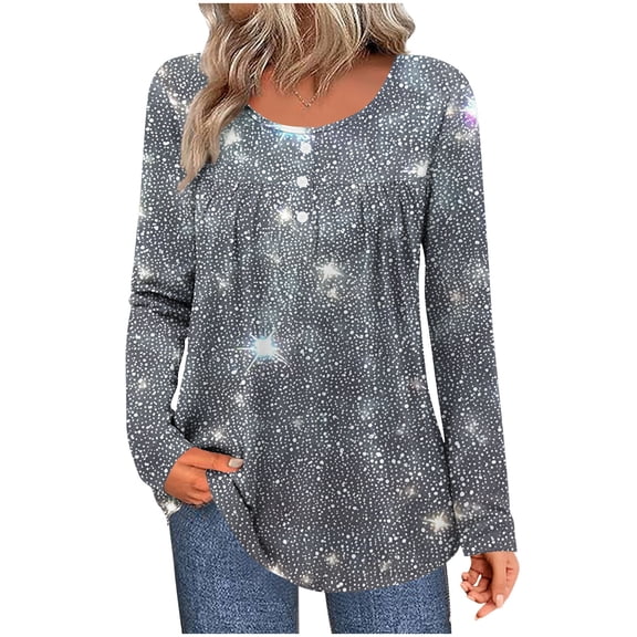 Giftesty Women's Unpositioned Print Ruched 1/4 Button Crew Neck Long Sleeve Loose Stylish Casual T-Shirt Top for Daily Wear Office Commute