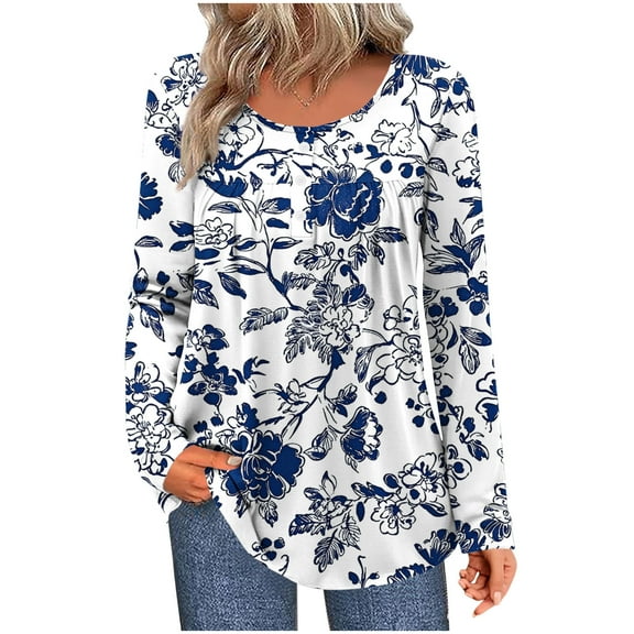 Giftesty Women's Unpositioned Print Ruched 1/4 Button Crew Neck Long Sleeve Loose Stylish Casual T-Shirt Top for Daily Wear Office Commute