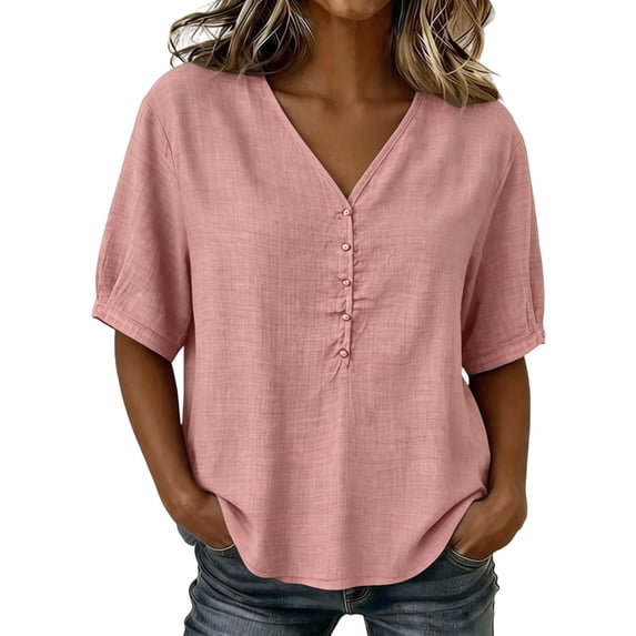 Giftesty Women's V-Neck Half-Button Short Sleeve Blouse, Casual Loose Fit Linen-Look Summer Top, Solid Color Pullover Shirt