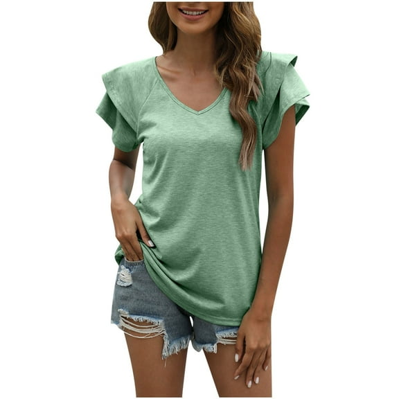 Giftesty Women's V- Neck Solid Color Short Sleeve Lapel Tops