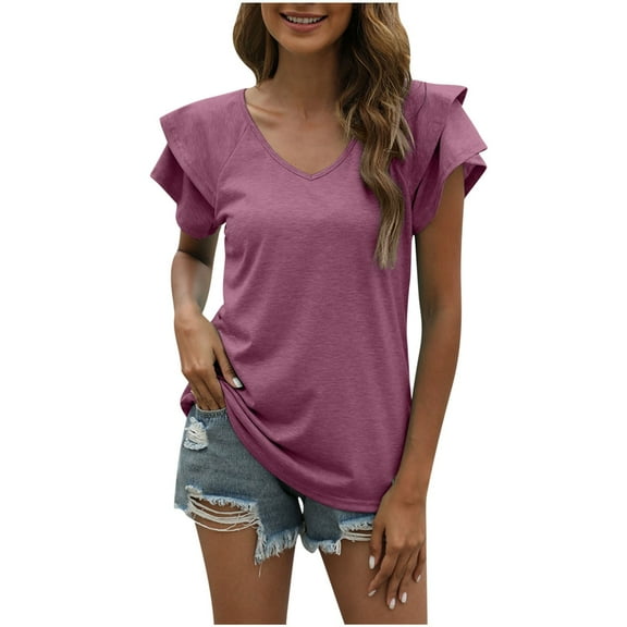 Giftesty Women's V- Neck Solid Color Short Sleeve Lapel Tops