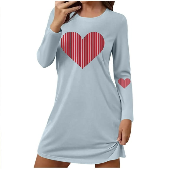 Giftesty Women's Valentine's Day Heart Print Round Neck Long Sleeve Loose Fit Short Sleep Dress Soft Loungewear for Home Wear