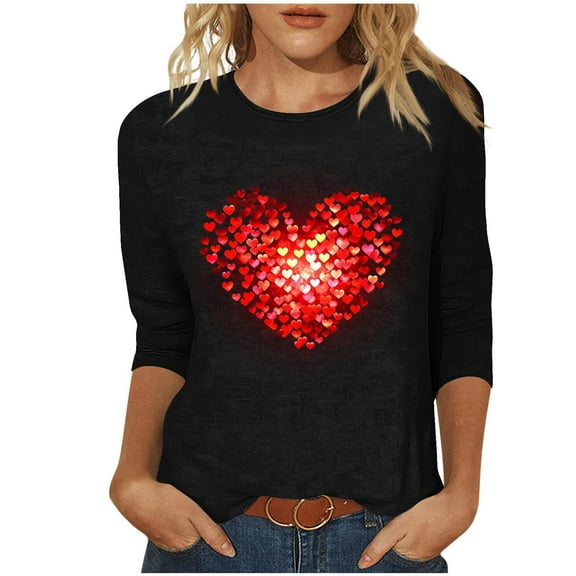 Giftesty Women's Valentine's Day Print Loose Crew Neck 3/4 Sleeve Casual Pullover T-Shirt for Holiday Daily Wear