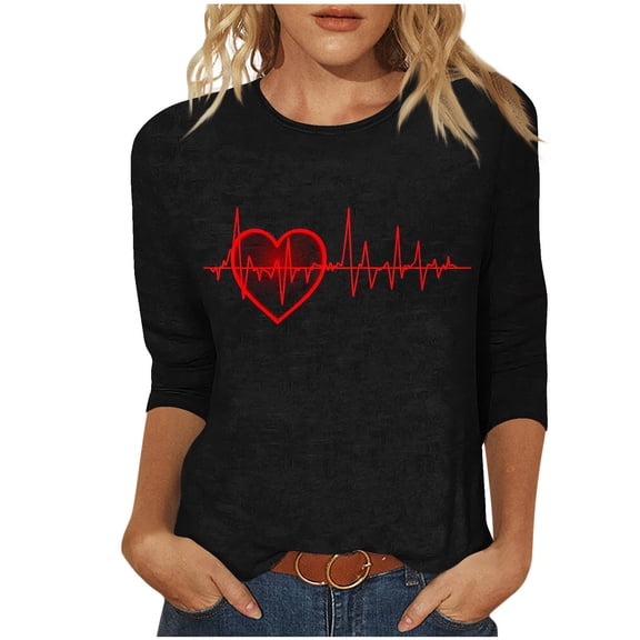 Giftesty Women's Valentine's Day Print Loose Crew Neck 3/4 Sleeve Casual Pullover T-Shirt for Holiday Daily Wear