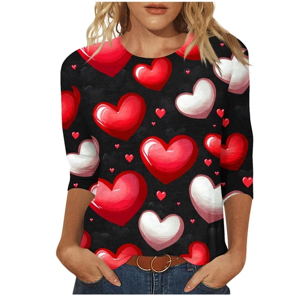 Giftesty Women's Valentine's Day Print Loose Crew Neck 3/4 Sleeve Casual Pullover T-Shirt for Holiday Daily Wear