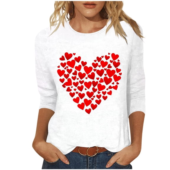 Giftesty Women's Valentine's Day Print Loose Crew Neck 3/4 Sleeve Casual Pullover T-Shirt for Holiday Daily Wear