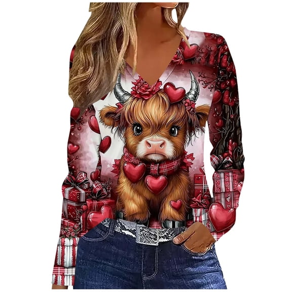 Giftesty Women's Valentine's Day Unpositioned Print V Neck Long Sleeve Loose Fashion Casual Pullover T-Shirt for Holiday Daily Wear