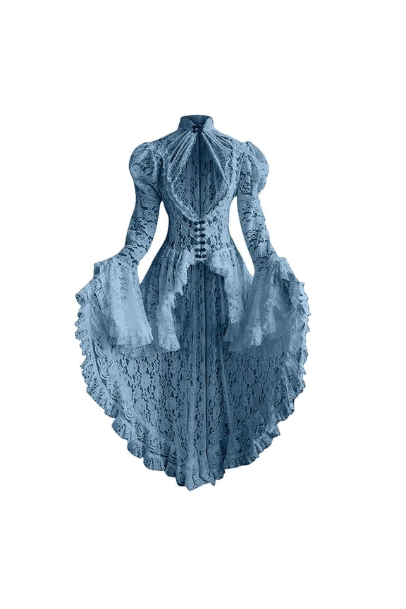 Women's Victorian Vintage Stand Collar Bell Sleeves Lace Cutout Paneled Slim-Fitting Elegant Romantic Soft Formal Dress for Party Wedding Guest Office Commute Casual Outings